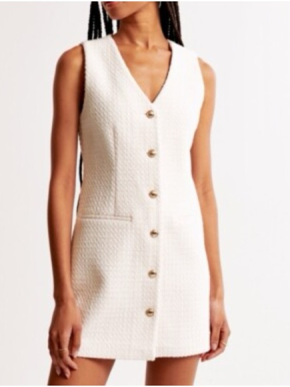 Sleeveless White Button-Front Tweed Shift Dress